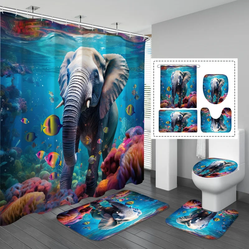 4pcs Funny Elephant Shower Curtain Sets, Elephant In The Ocean Shower Curtain With 12 Hooks, Non-Slip Bathroom Rug, Toilet U-S