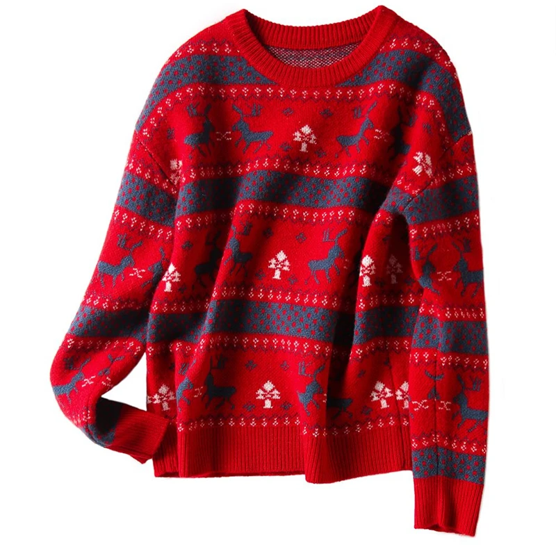 Retro Christmas New Year Elk Jacquard Simple Round Neck Knitted Sweater Women Casual Long Sleeve Slim Pullover Top Female Jumper