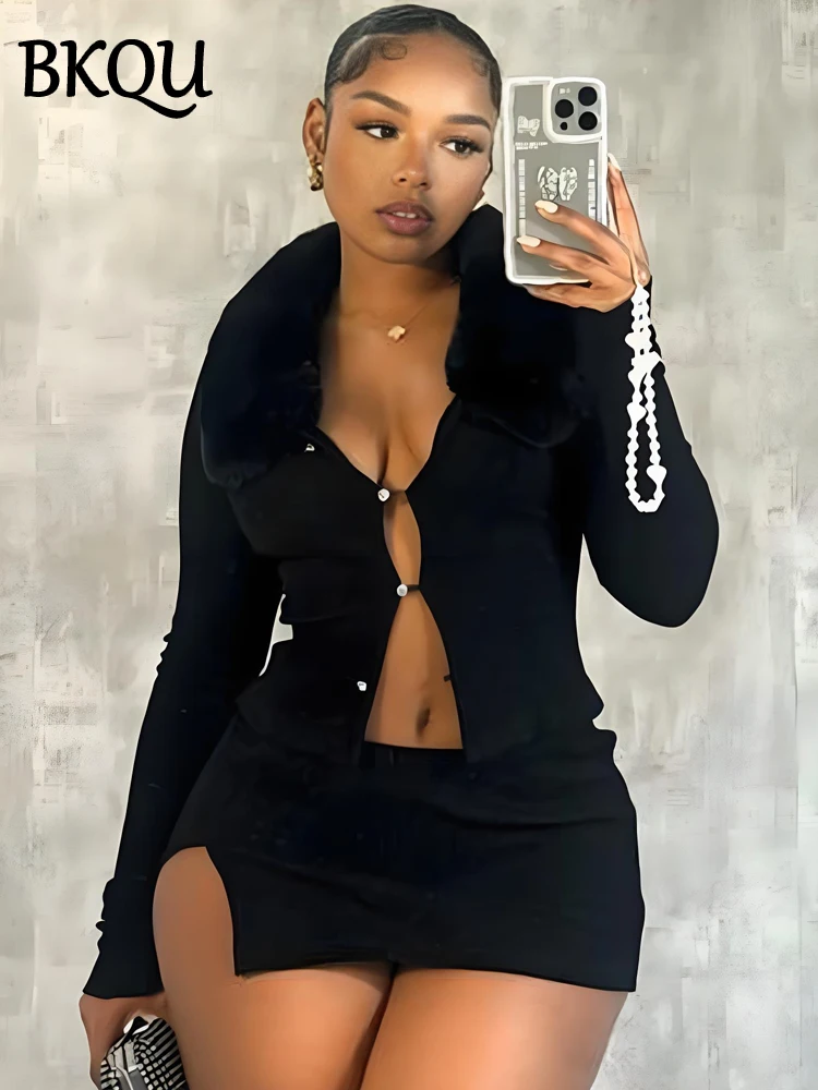 BKQU Sexy Fur Collar Hollow Crop Top Mini Skirt Women 2 Piece Set Autumn Elegant Knitted Bodycon Nightclub Dress Outfits 2024