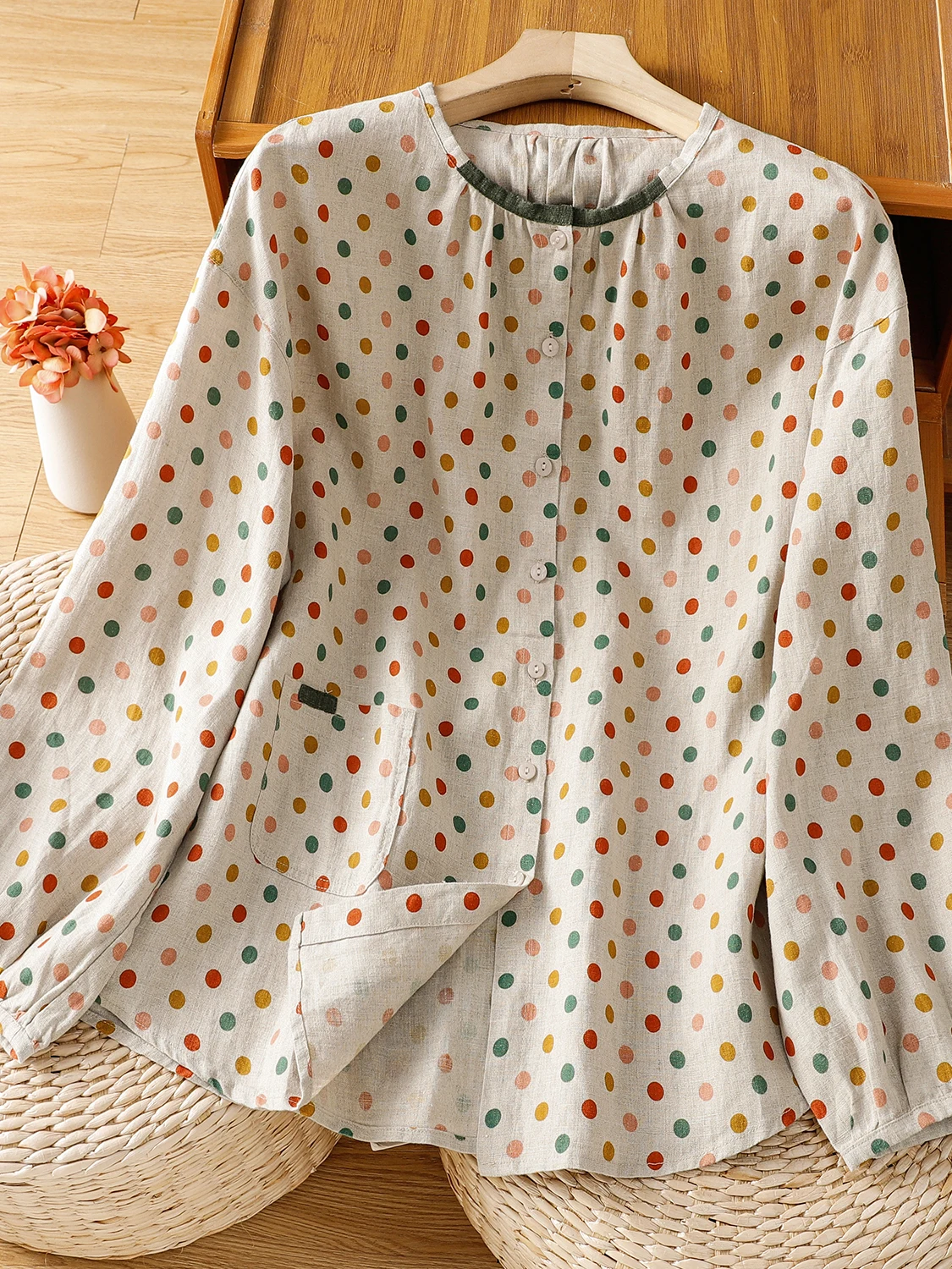 عارضة القطن الكتان البولكا نقطة irt المرأة زائد حجم طويل Sve زر تصميم ثي رقيقة الطية تصميم فني Sle مفتوح C...