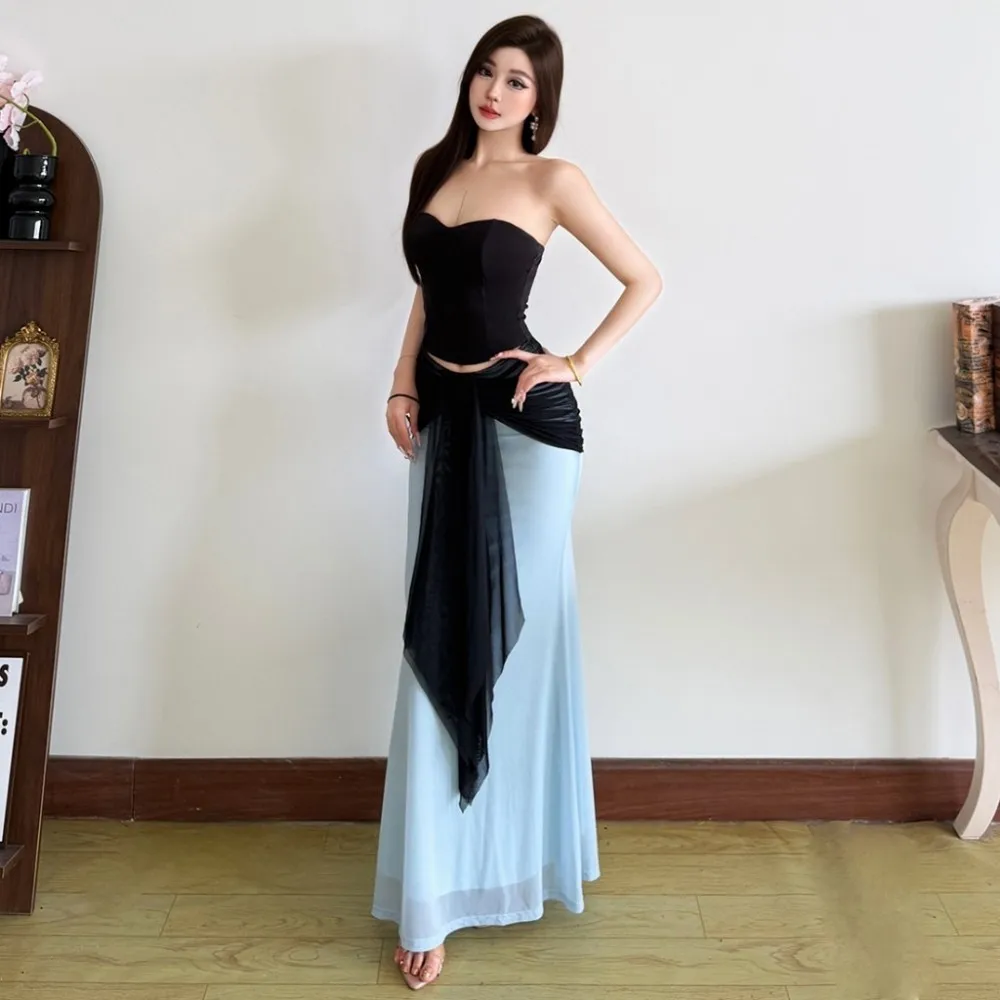 SylCue Ruched Elegant 2 Piece Set Woman Sexy Wrap Chest Backless Tube Tops+Contrast Color Patchwork Ribbon Long Skirts Outfits