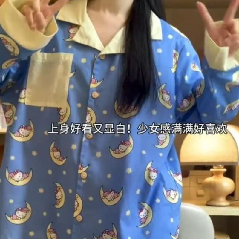 

Горячая новинка: Комплект пижамы Sanrio Hello Kitty с длинными рукавами и брюками для женщин, студенток, для дома и улицы, милый, свободный, осенний, в стиле Ins, ночная одежда