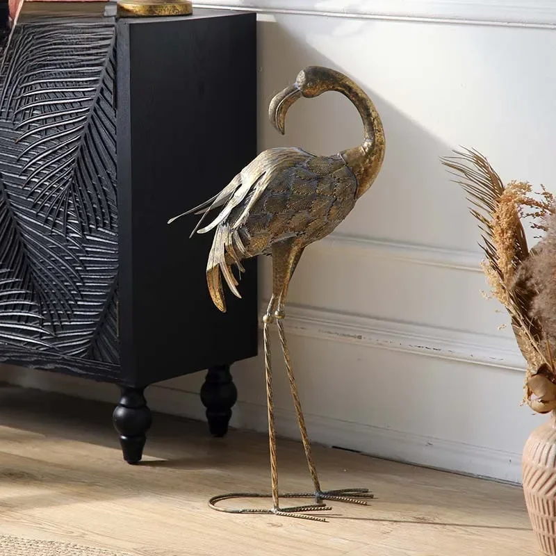 Wrought Iron Flamingo Statue Outdoor Garden Decor Metal Bird Sculpture Lawn Yard Art Piece Home Living Room Floor Ornament