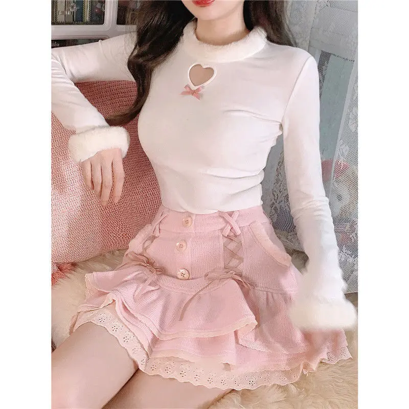 Japanese Sweet Soft Knitted Skirt Women Pink Lace Designer Casual Mini Skirt Spring Korean Party High Waist Vintage Clothes 2022