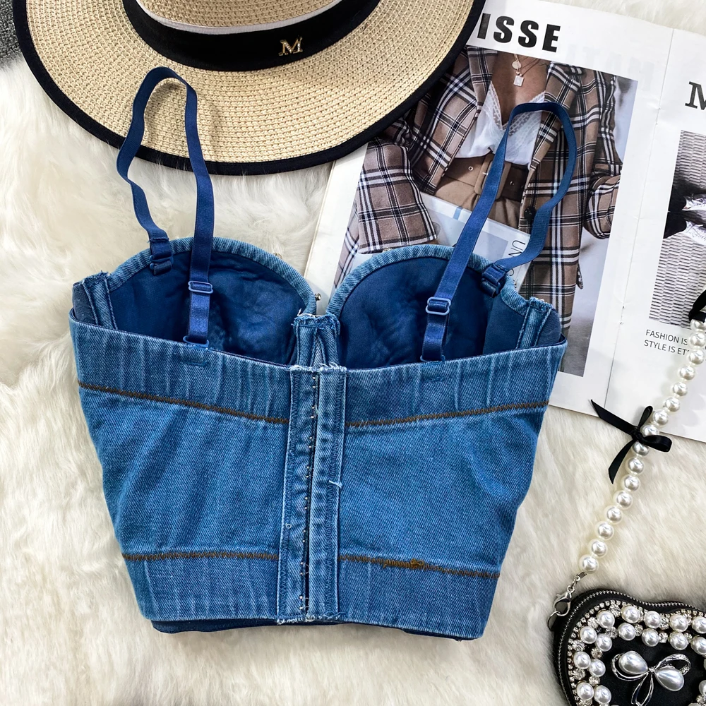 Denim Scratched Women\'s Spaghetti Strap Diamonds Ripped Push Up Bustier Night Club Party Crop Top 2023 Corset Camise Vest