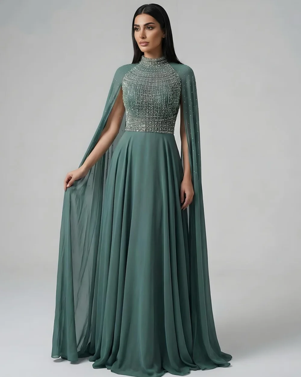 

Customized Formal Women Chiffon Rhinestone Pleat A-line Evening Dresses High Quality High Collar Sleeveless Floor Lenght Dresses