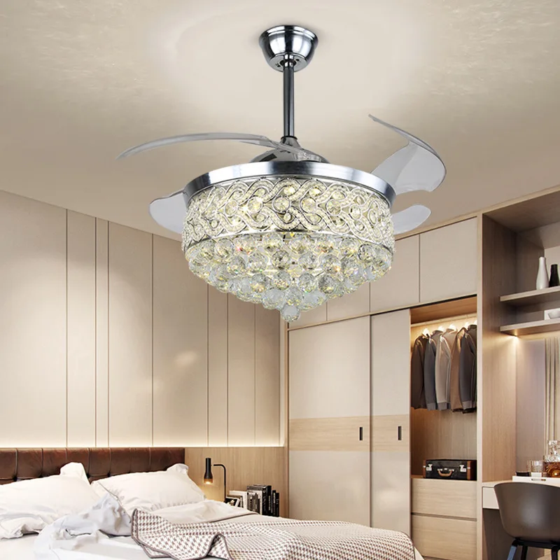 Invisible fan light living room modern minimalist light luxury crystal fan lamp bedroom with light LED ceiling fan light