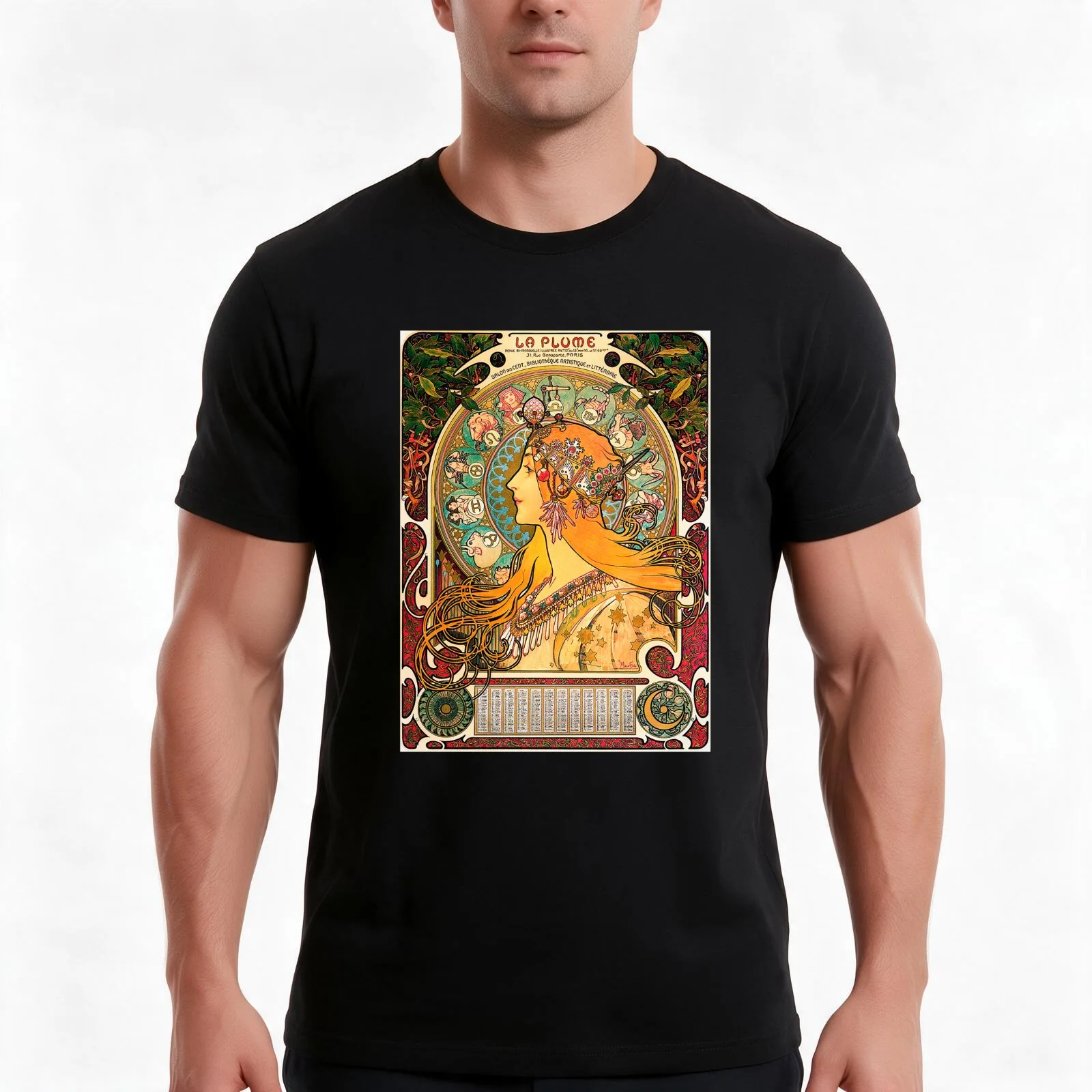 HD. Zodiac (Second version) by Alphonse Mucha (1896) HIGH DEFINITION T-Shirt Summer Casual Cotton Tee Vintage Graphic Print