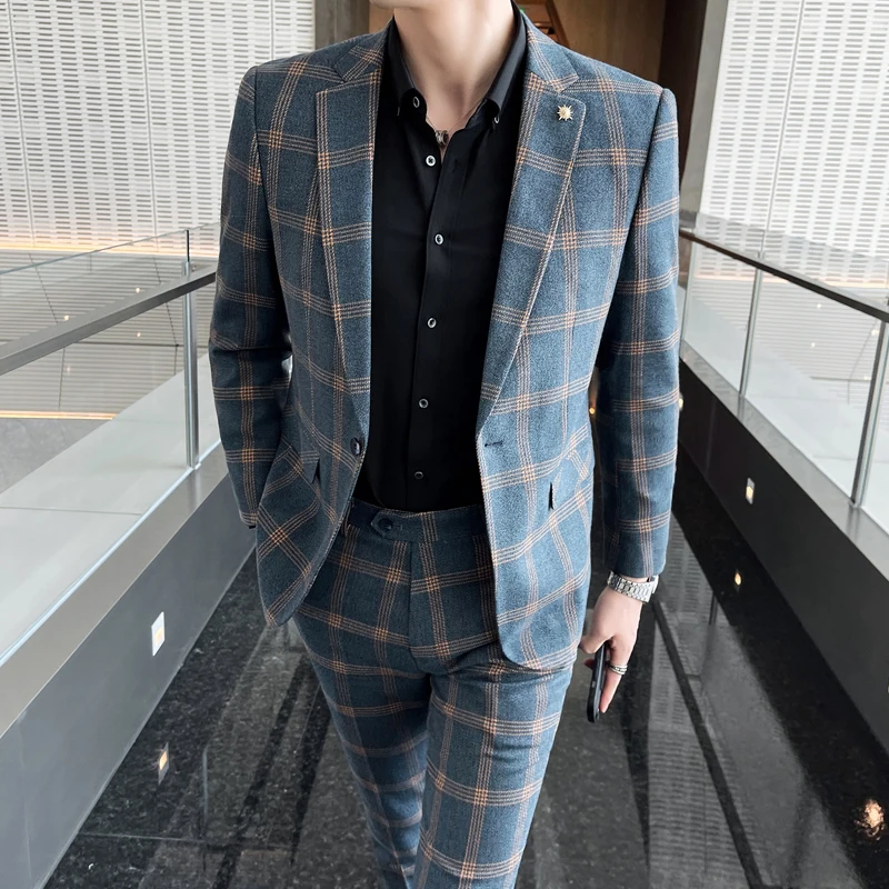 Men\'s British Style Slim Fit Blazer 3 Piece Set Jacket Pants Vest High End Handsome Men\'s Plaid Gentleman Suit 2023 Trousers