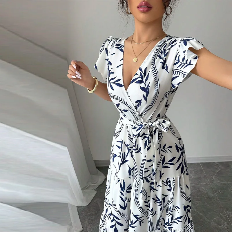 

Printed Ruffle V-neck A-line Dress Sexy Slim Fit Long Dress 2025 Summer Fashion Women's Rustic Clothing Vestidos