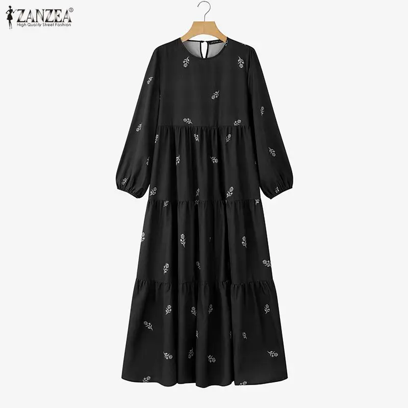 2026 ZANZEA Casual O Neck Long Sleeve Muslim Abaya Sundress IsIamic Robe Stylish Women Floral Printed Dress Loose Holiday Kaftan