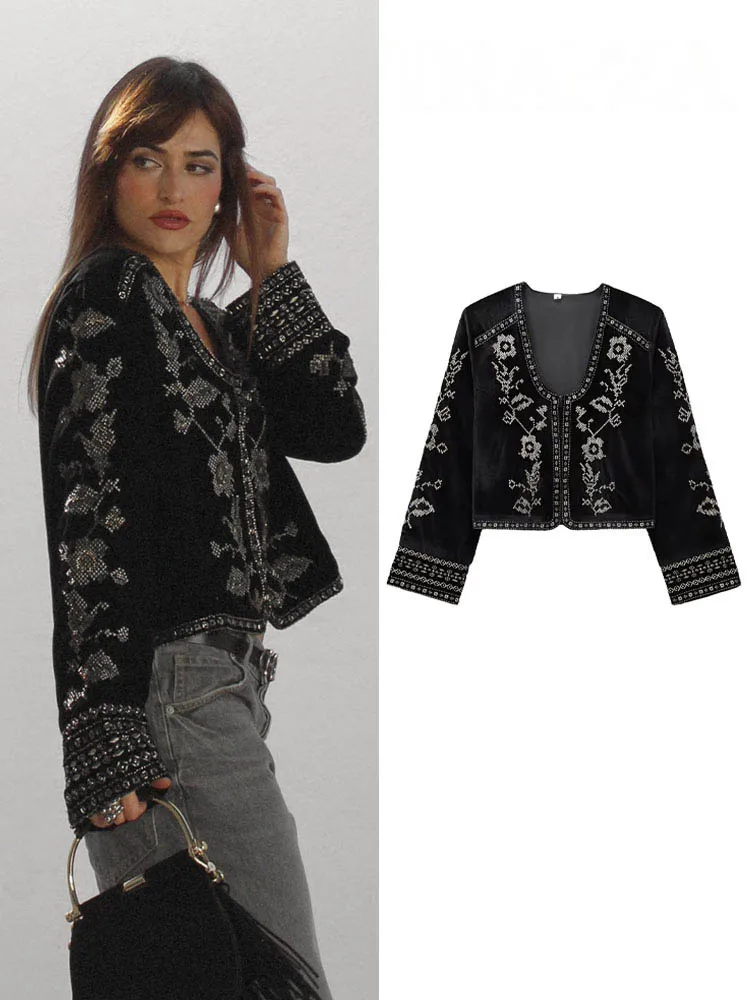 

Black Beaded Embroidered Jacket Velvet Top Solid Long Sleeve V Neck Loose Hidden Button Coat Vintage Streetwear Women Outwear