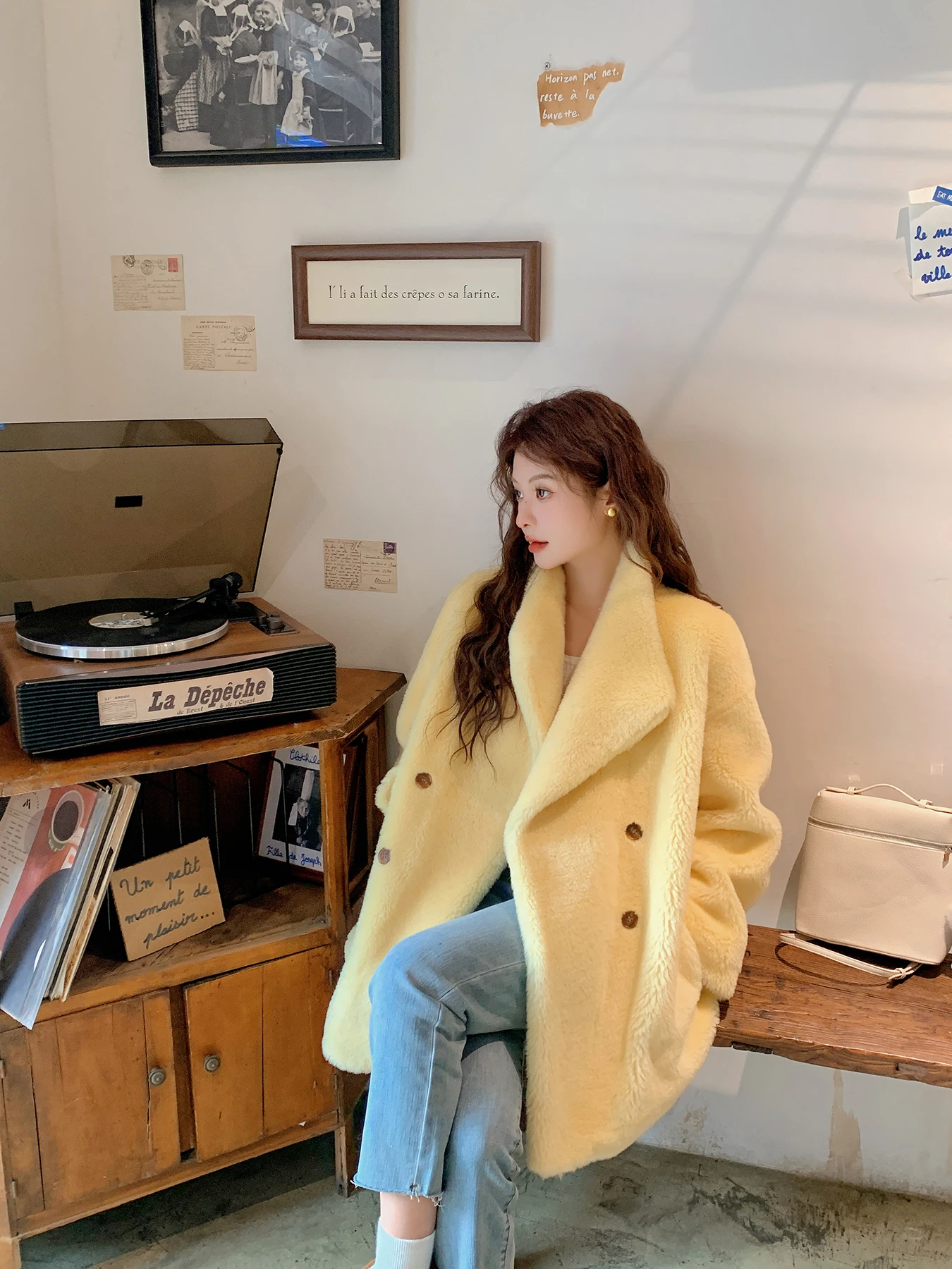 

Nouriing Yellow Australian eepskin Fur Jaet Women's Simple Large eepskin Cosite Leather Fur Coat Long Sve Squar...