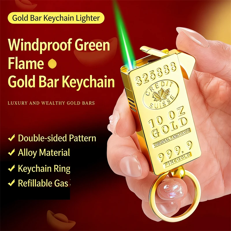Metal Creative Gold Brick Windproof Jet Green Flame Torch Gas Lighter For Camping BBQ Cigars Candles Gifts Cigarette Accessories
