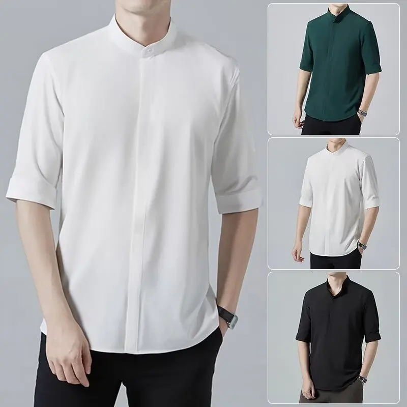 Spring and Summer Stand Collar Five-point Mid-sleeve Fashionable Men\'s Short-sleeved Shirt Seven-point Sleeve Large Size Men\'s