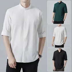 Spring and Summer Stand Collar Five-point Mid-sleeve Fashionable Men's Short-sleeved Shirt Seven-point Sleeve Large Size Men's