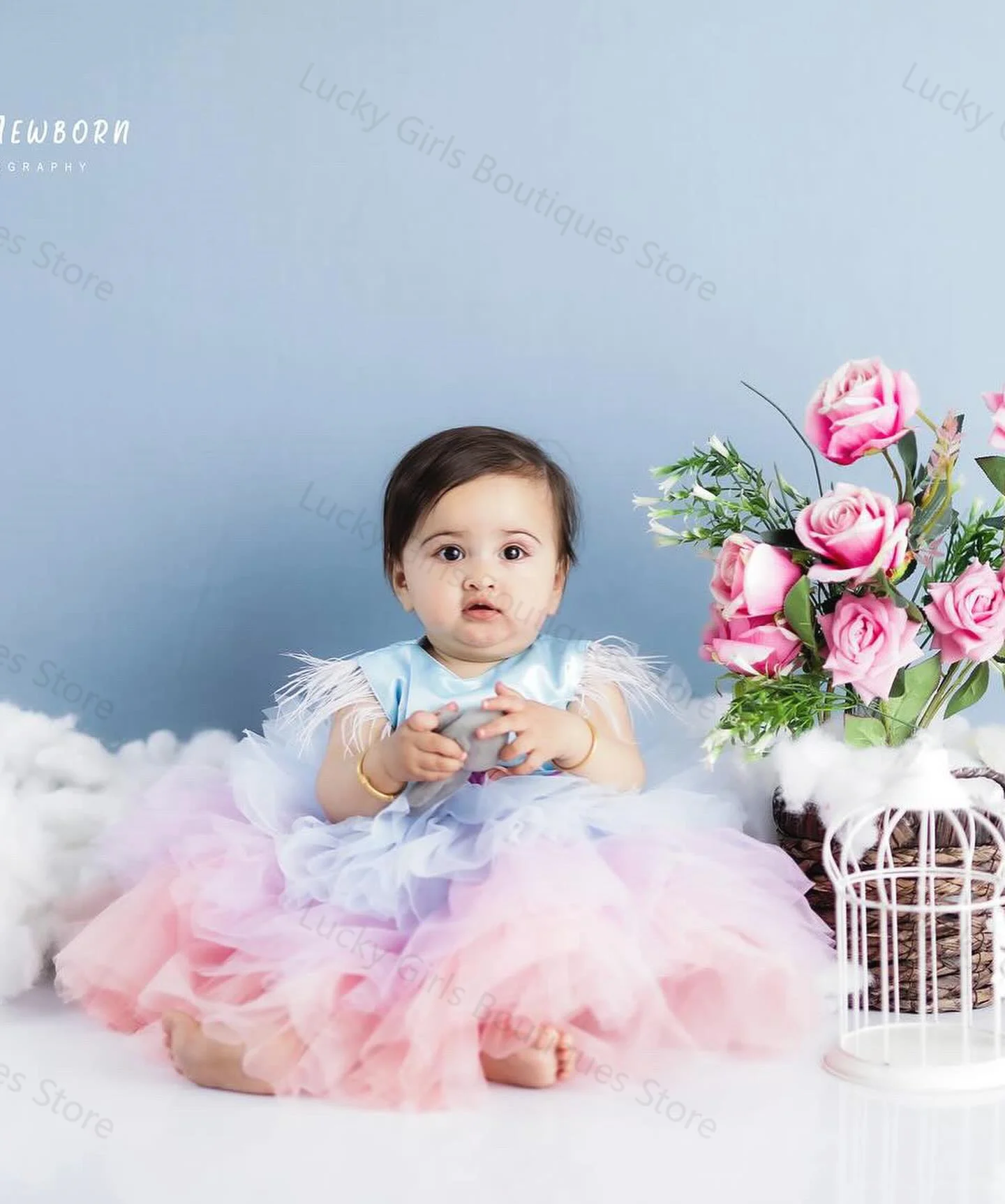 Fluffy Baby Christening Gowns Luxury feathers Girls Baptism Tiered Floral Applique Newborn Kids Birthday First Communion Dresses