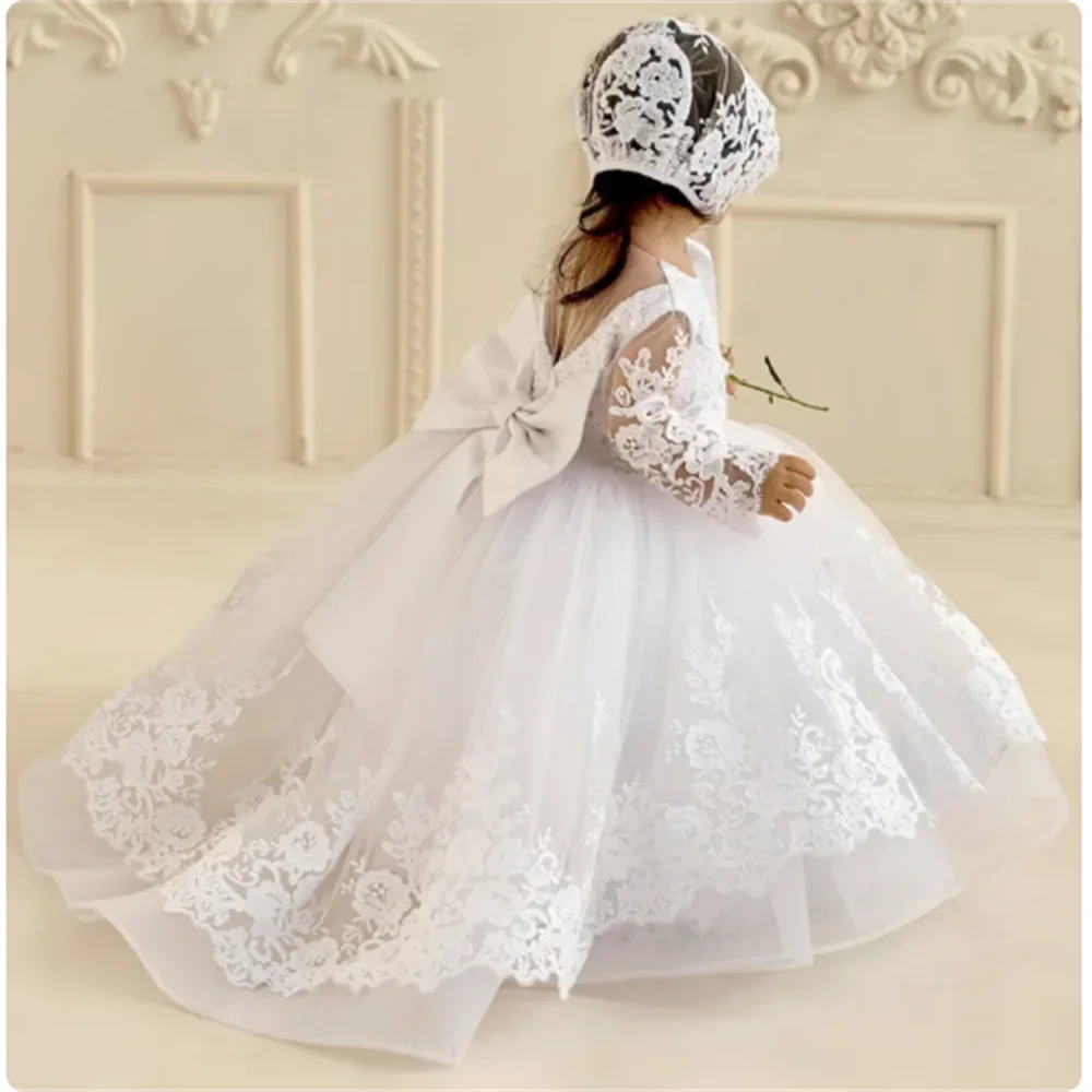 Baby Baptism White Flower Girl Dresses Tulle  Appliques With Bow Long Sleeve For Wedding Birthday Holy Communion Gowns