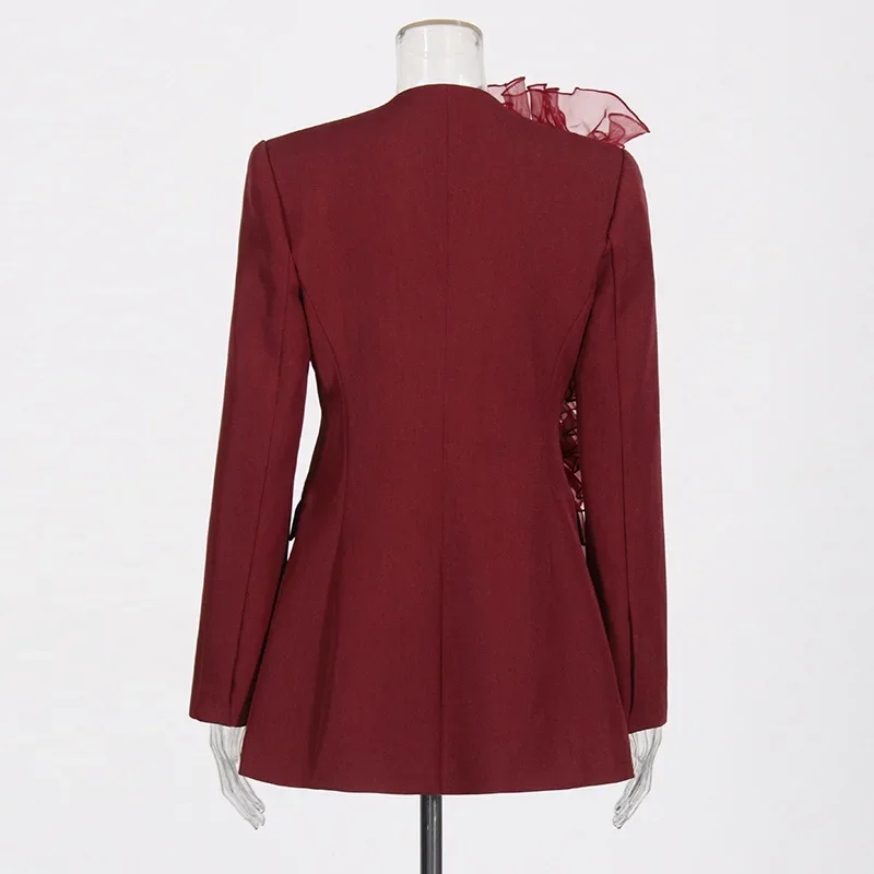 2024 Women's Autumn High-end New Tailored Coat Stitching Mesh Design Solid Color Long-sleeve Blazers Femininity Tailored Coats