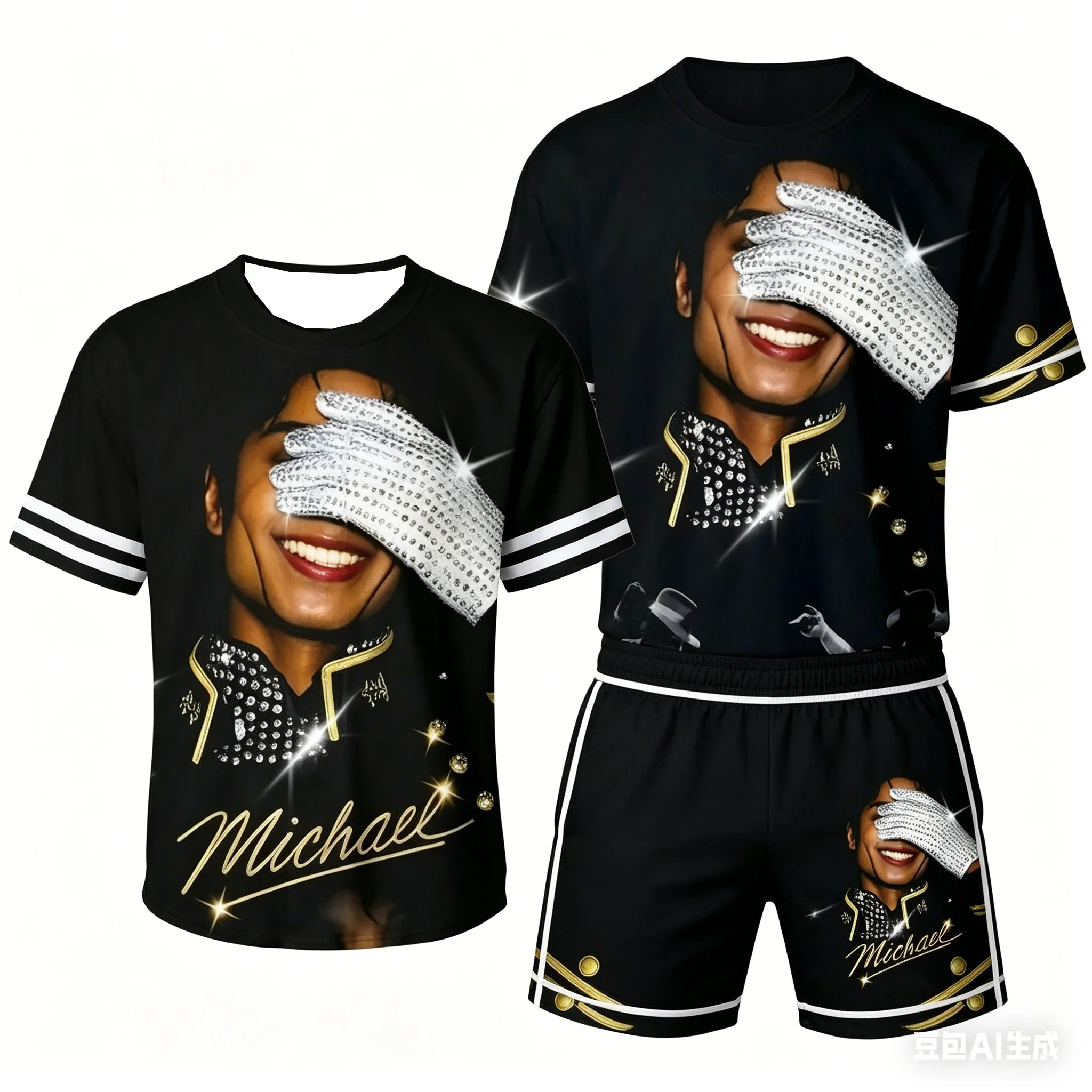 New Casual Pop Music Streetwear 2 Piece Set for Adults and Kids Michael Jackson Print Short Sleeve Baseball Jersey and Shorts
