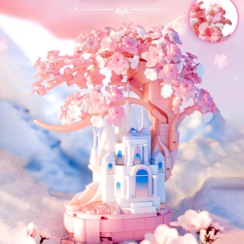 مكعبات بناء مجتمع ضوء القمر بيت شجرة ساكورا DIY لعبة تجميع إبداعية هدية عيد ميلاد حالمة للفتيات