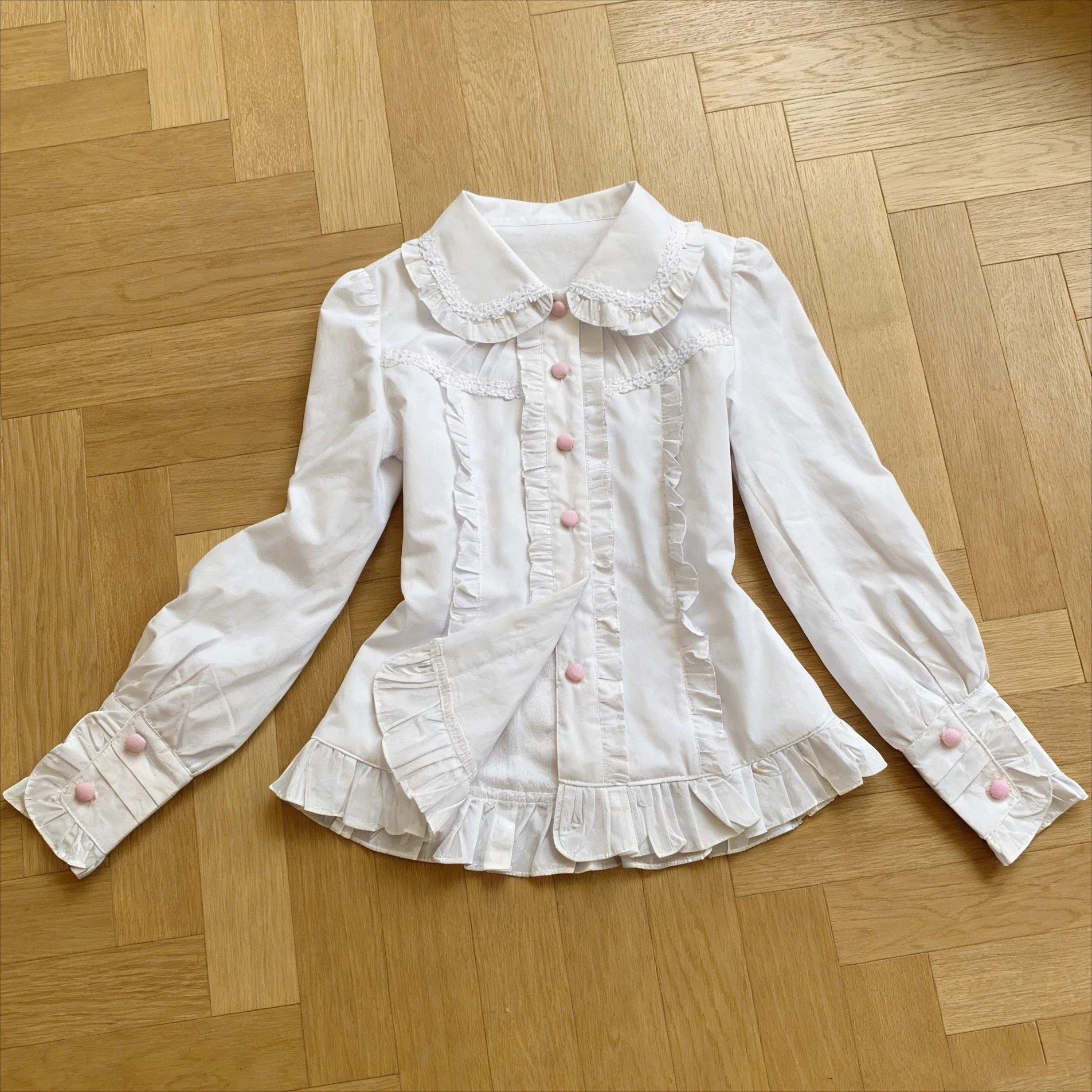 Lolita Süße Langarm-T-Shirts mit Puppenkragen für Damen, Lolita Kawaii Slim Solid Lolita Shirt, Modische Hübsche Dünne Kleidung für Frauen