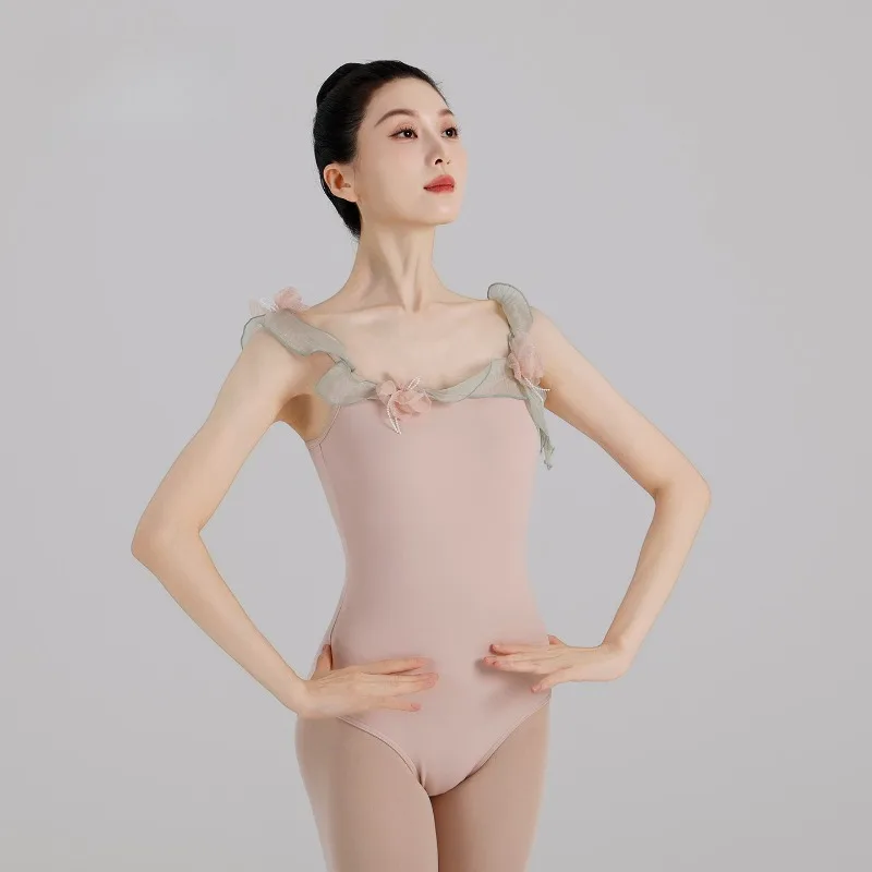 Ballet Dance Leotard for Women Pink Flower Decoration Straps Sleeveless Gymnastics Bodysuit Female Yoga Dance Training Wear