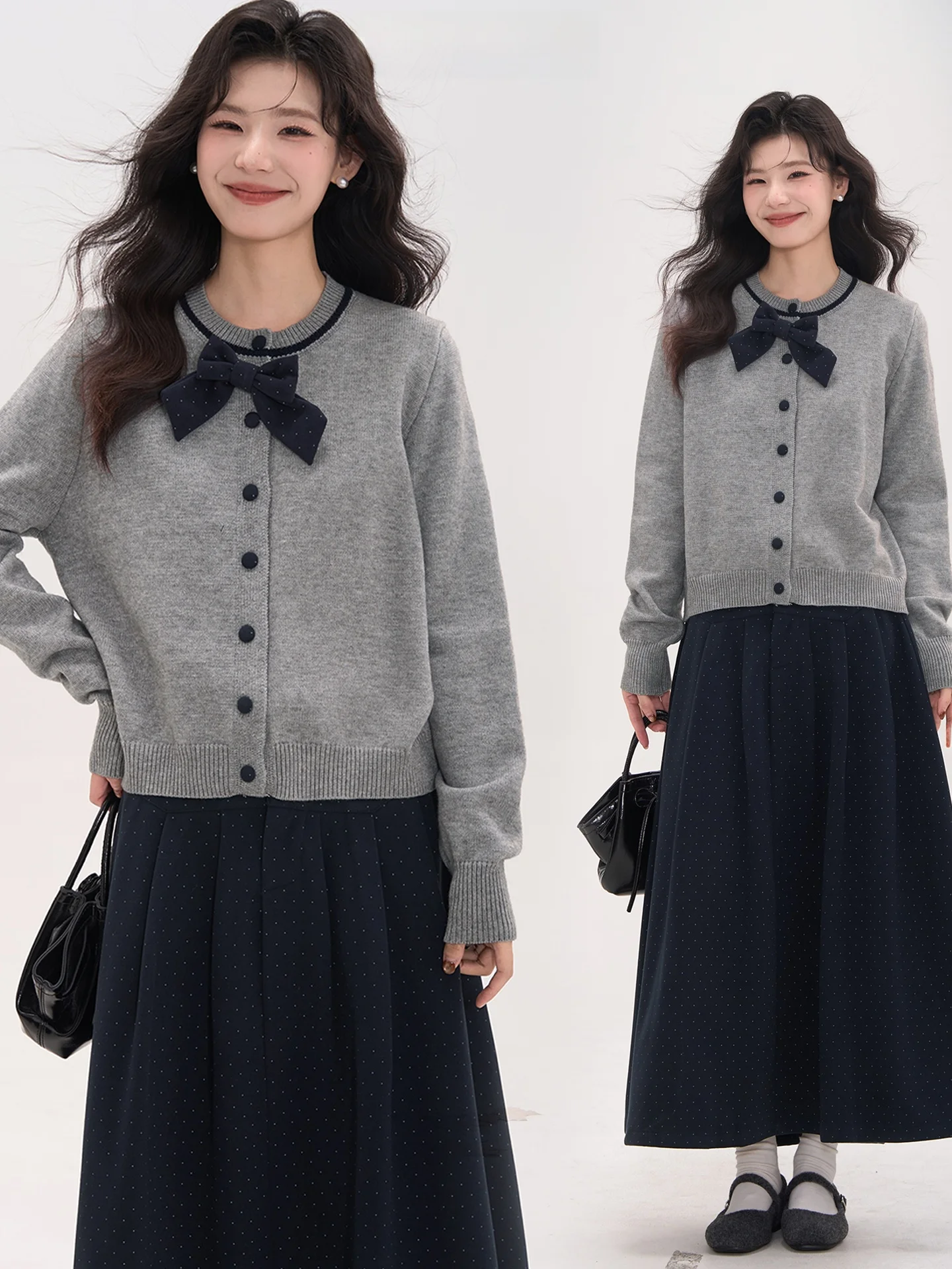 

Вязаный комплект из свитера и юбки с узлом для женщин, осенне-зимний, свободного кроя, с длинными рукавами, круглым вырезом, термобелье