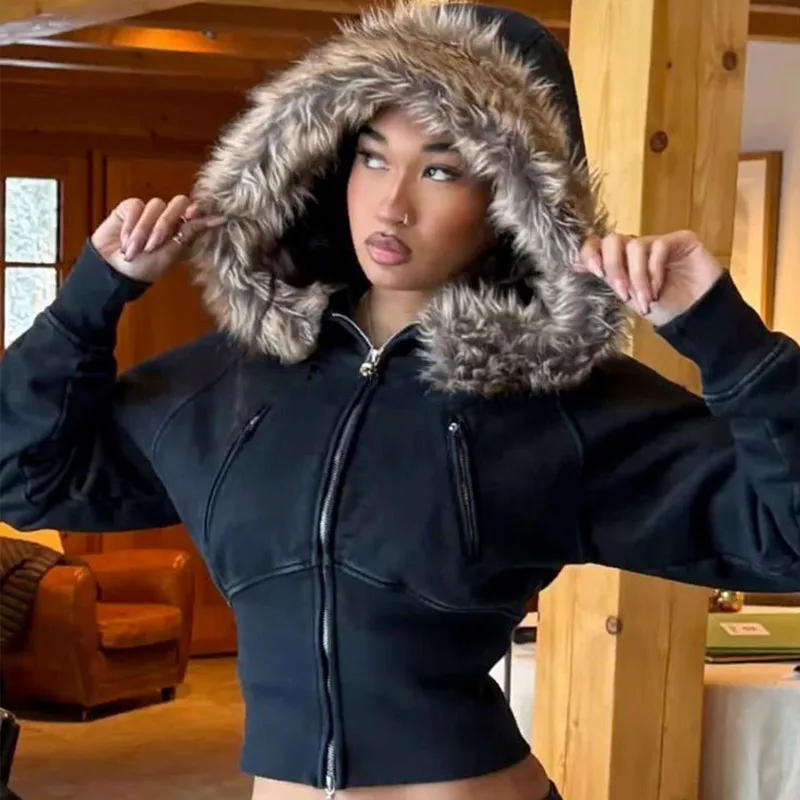 เสื้อฮู้ดสไตล์โกธิคสีพื้นเข้มแบบยุโรปอเมริกัน แขนยาว ซิปหน้า ทรงสลิม สไตล์ยุค 2000 โชว์เอว เซ็กซี่  สำหรับสาวมั่น