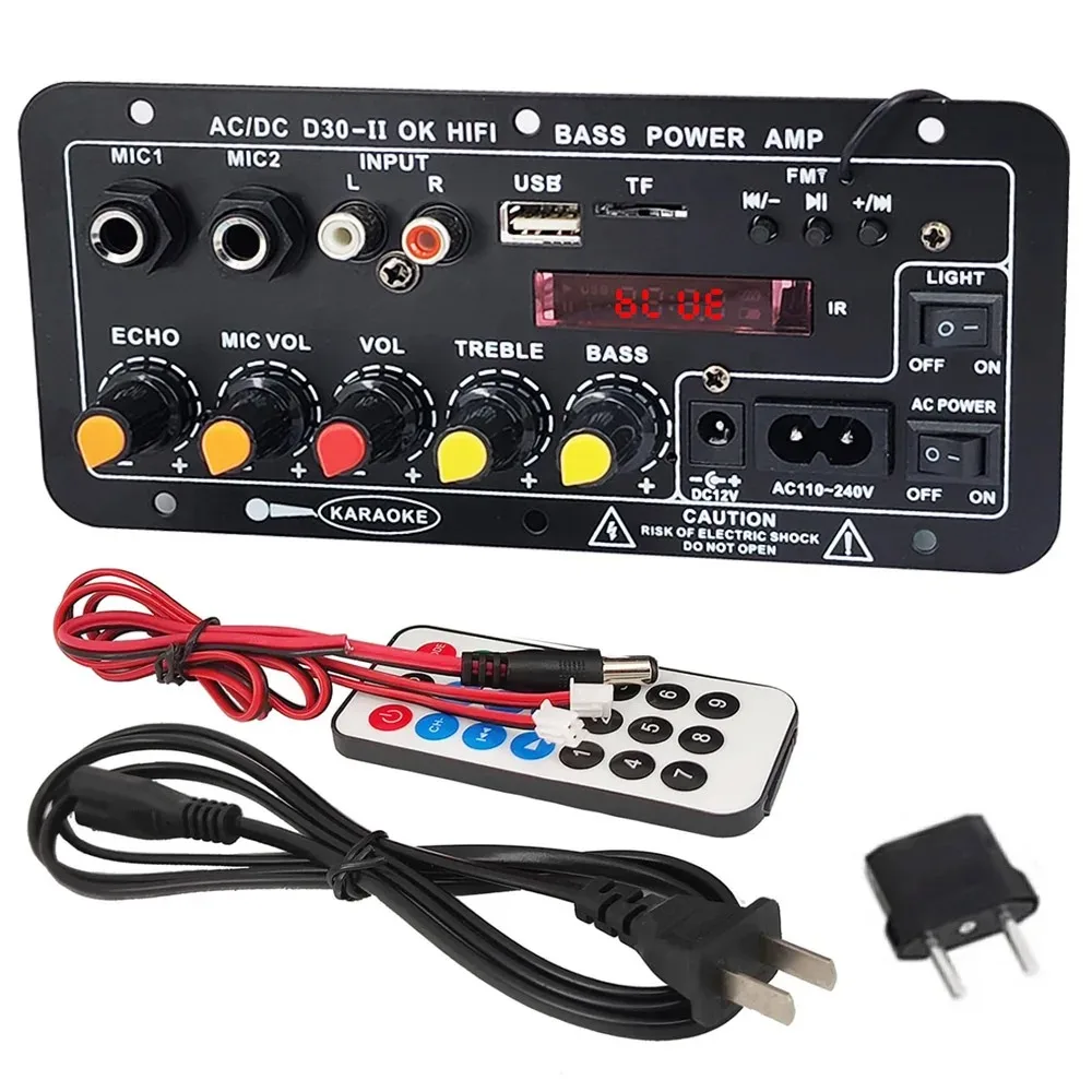 AC 220V 12v 24v Digital Bluetooth Stereo Amplifier Board Subwoofer Dual Microphone Karaoke Amplifiers For 8-12 Inch Speaker