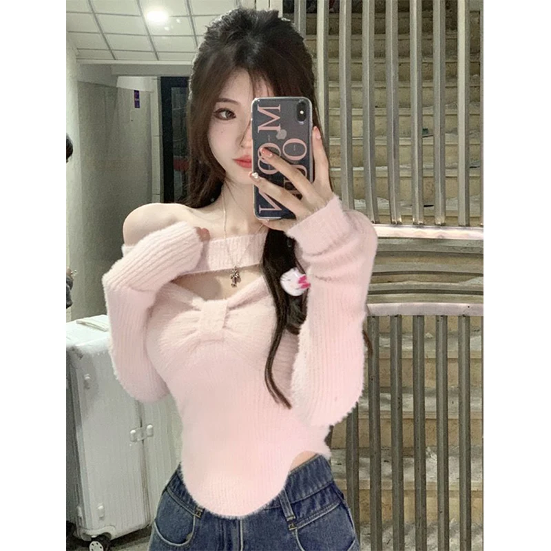 Sweet Sweater Women Irregular Halter Cropped Knitted Pullover Y2K Korean Off Shoulder Solid Jumpers Hollow Out Slim Knitwear New