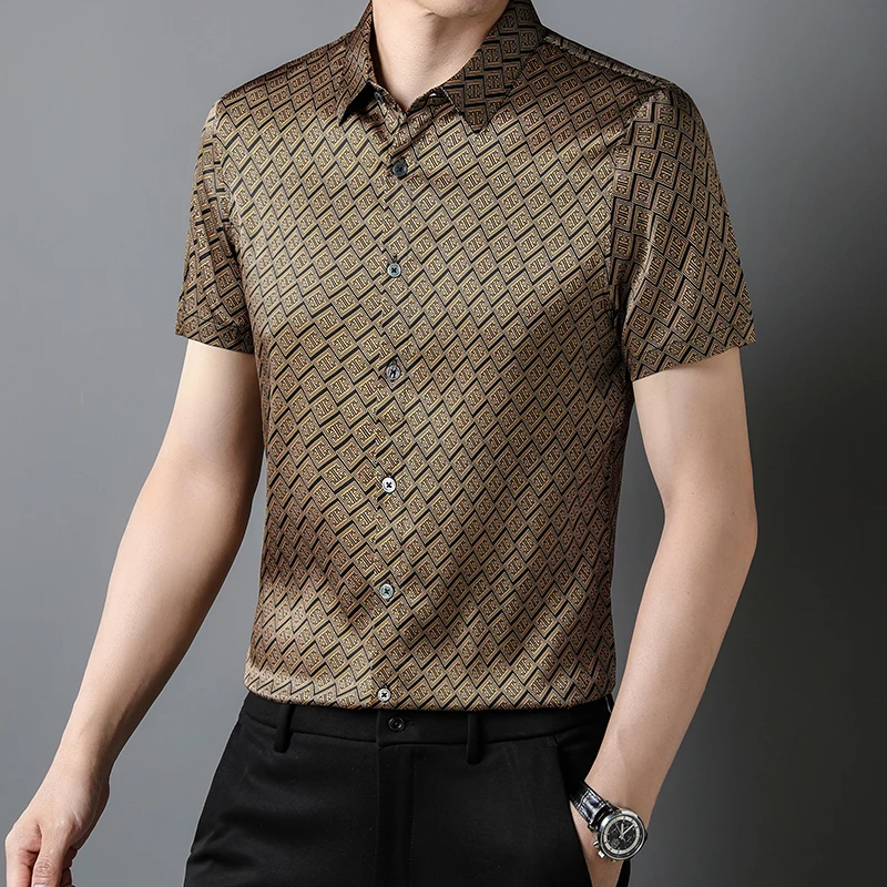 Soft Real Silk Shirts For Men Short Sleeve Print Luxury Gentleman Summer Quality Smooth Comfortable Classic Casual Chemise Homme