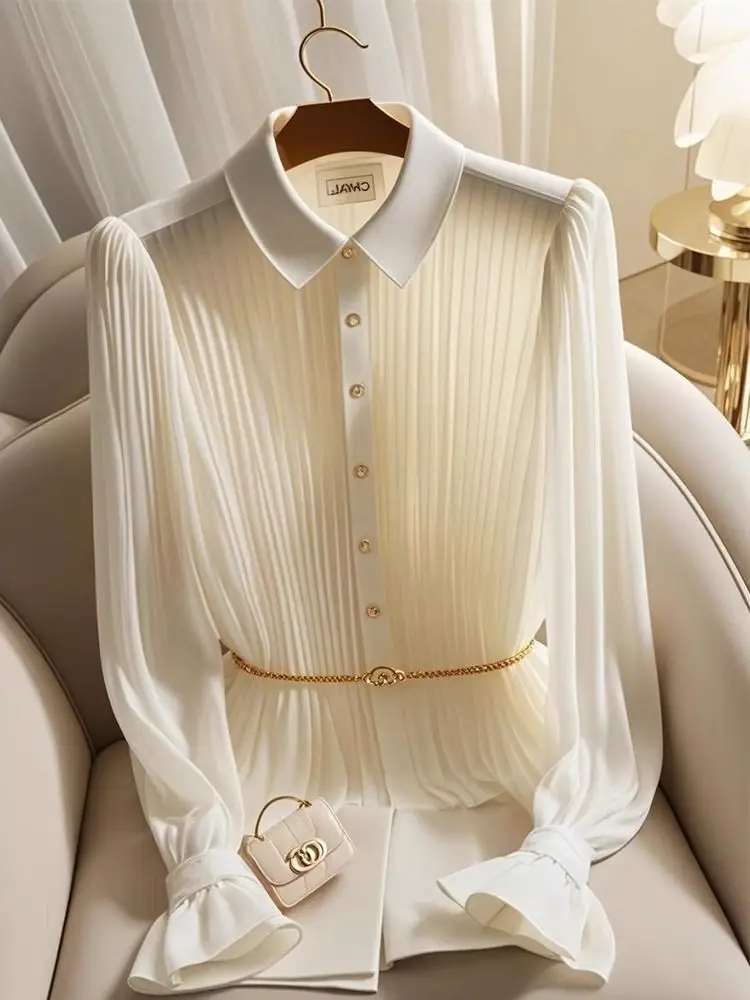 Długi, jednolity kolor, elegancki damski top, piękny, luźny krój w stylu koreańskim, zapinany na guziki, idealny do biura, na wiosnę i jesień.