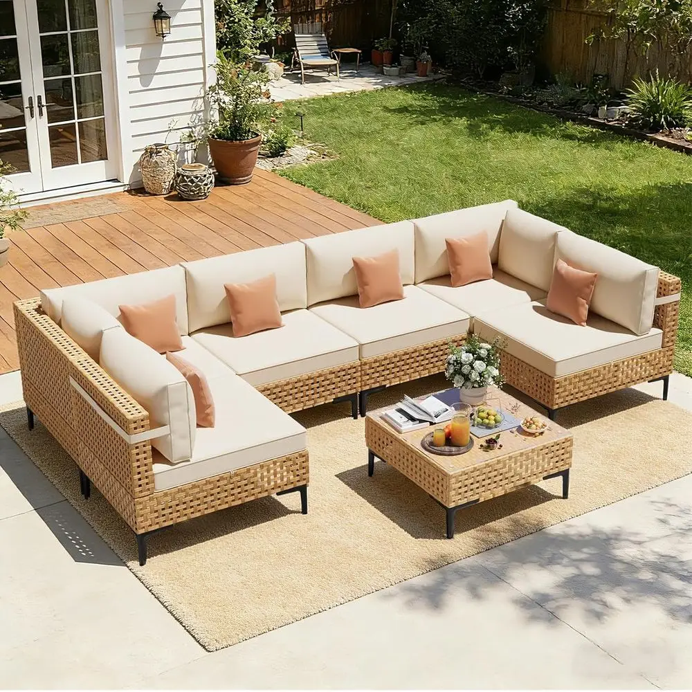 

Large 7-Piece Outdoor Wicker Patio Furniture Set with Anti-Slip Cushions and Coffee Table, Boho Style Sectional Sofa for Backyar