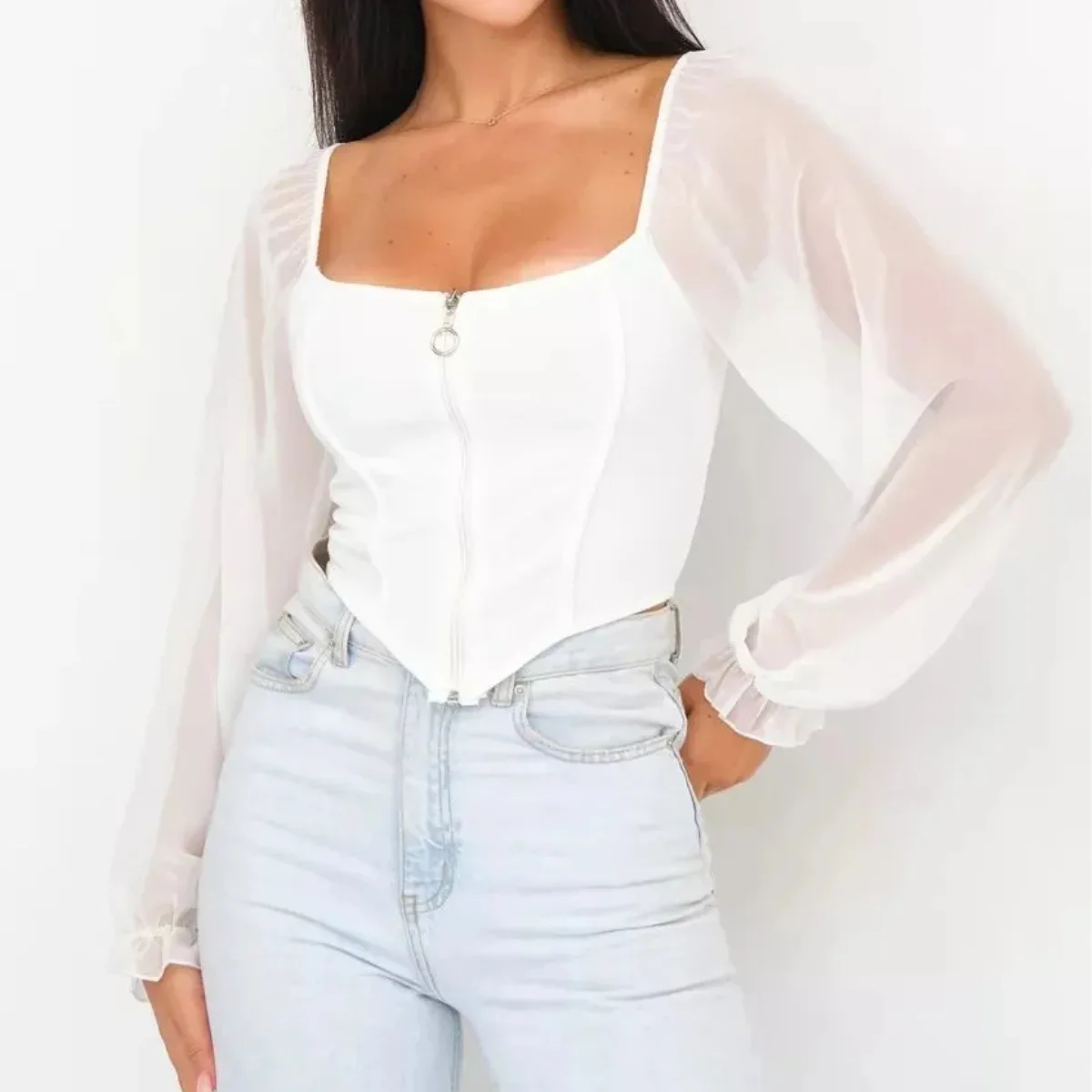 Square Collar Chiffon Tops Women Solid Color Lantern Sleeve Cardigan Zipper Go Out Wear Fit Camisole Sexy Vest Fashion Clubwear