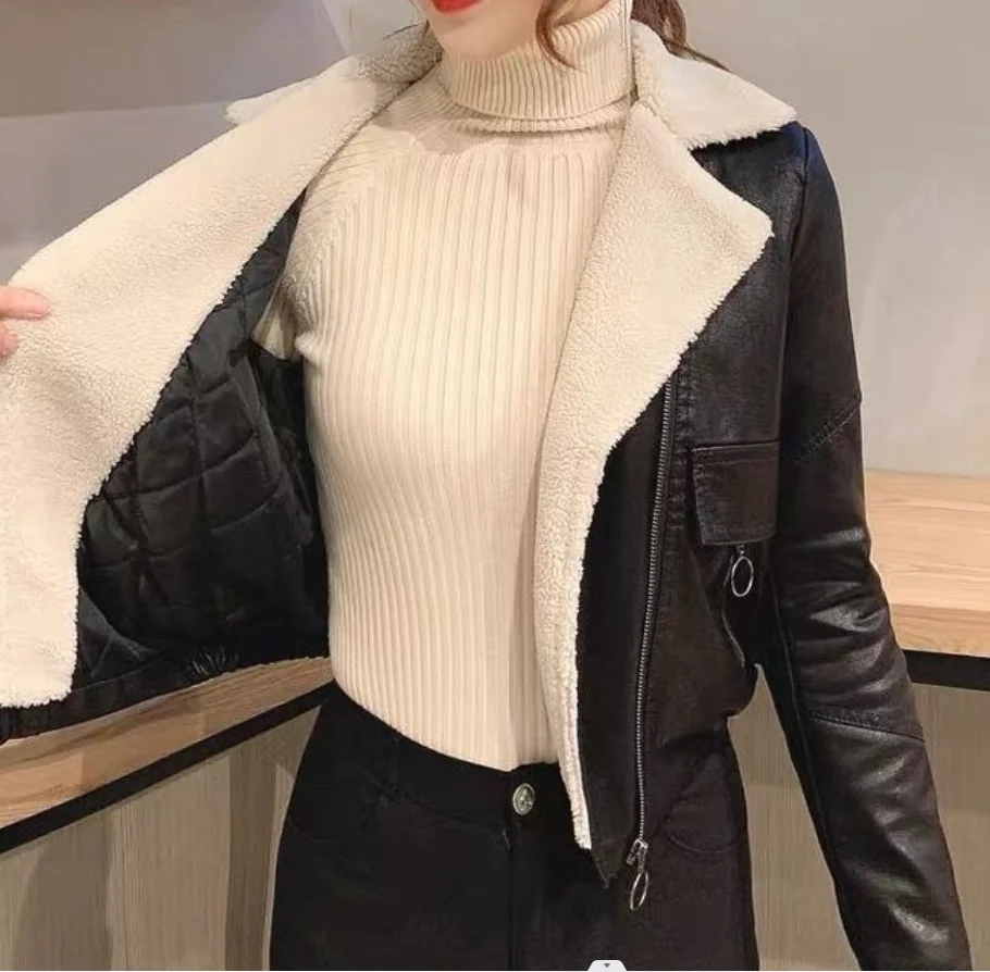 Women's Lambswool Short Jacket PU Leather Jacket, Velvet, Warm, Korean Version Loose, Soft, Joker Long Sleeve, Pocket Winter New