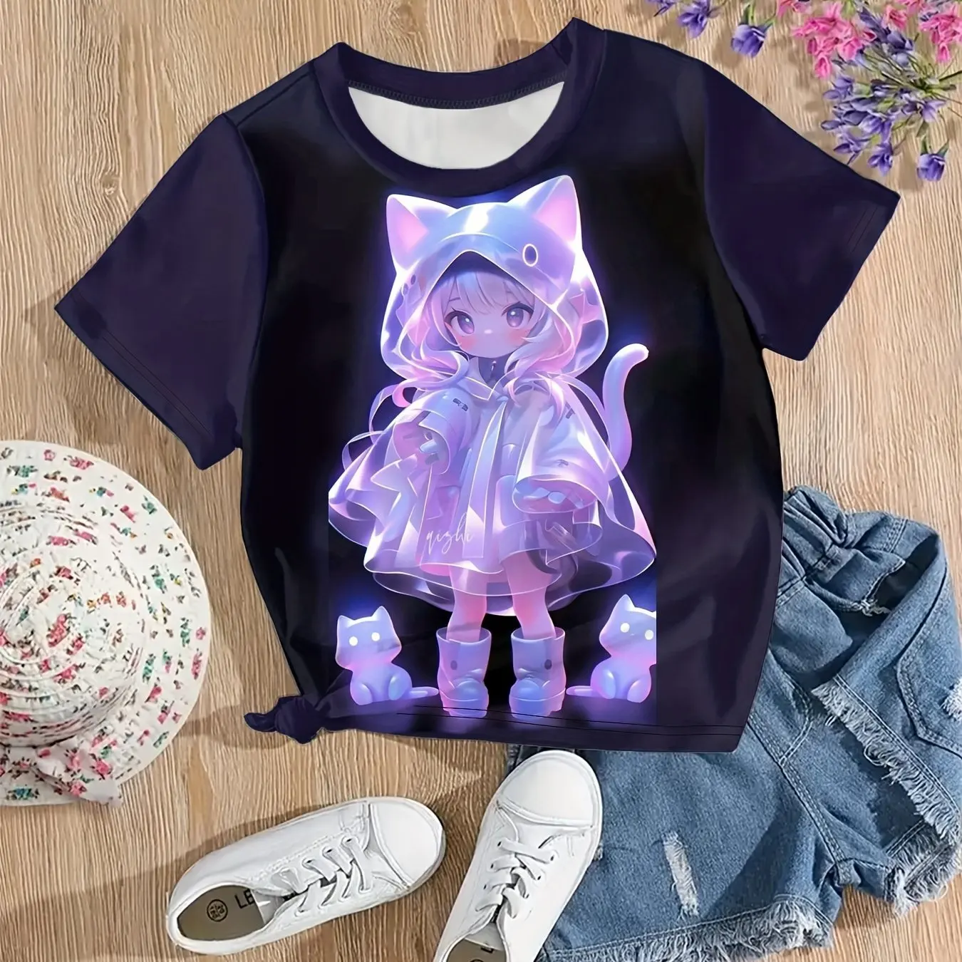 2024 Odzież dziecięca Anime Graphic Print Girls T-Shirt Wygodny okrągły dekolt z krótkim rękawem Topy Letnia odzież outdoorowa dla dzieci