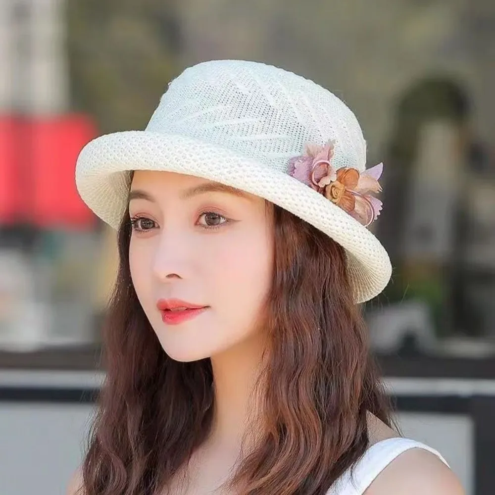 Sweet Solid Color Flower Fisherman Hat Rolled Brim Korean Style Sunscreen Bucket Cap Shade Versatile Women Sun Cap Girls