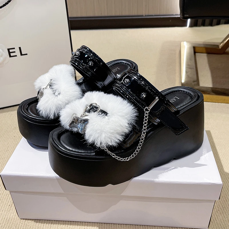 Y2K Punk Platform Sandals For Women Slide Sandals 2026 New Chunky Platform Metal Decoration Summer Fur Rivet Women Shoes