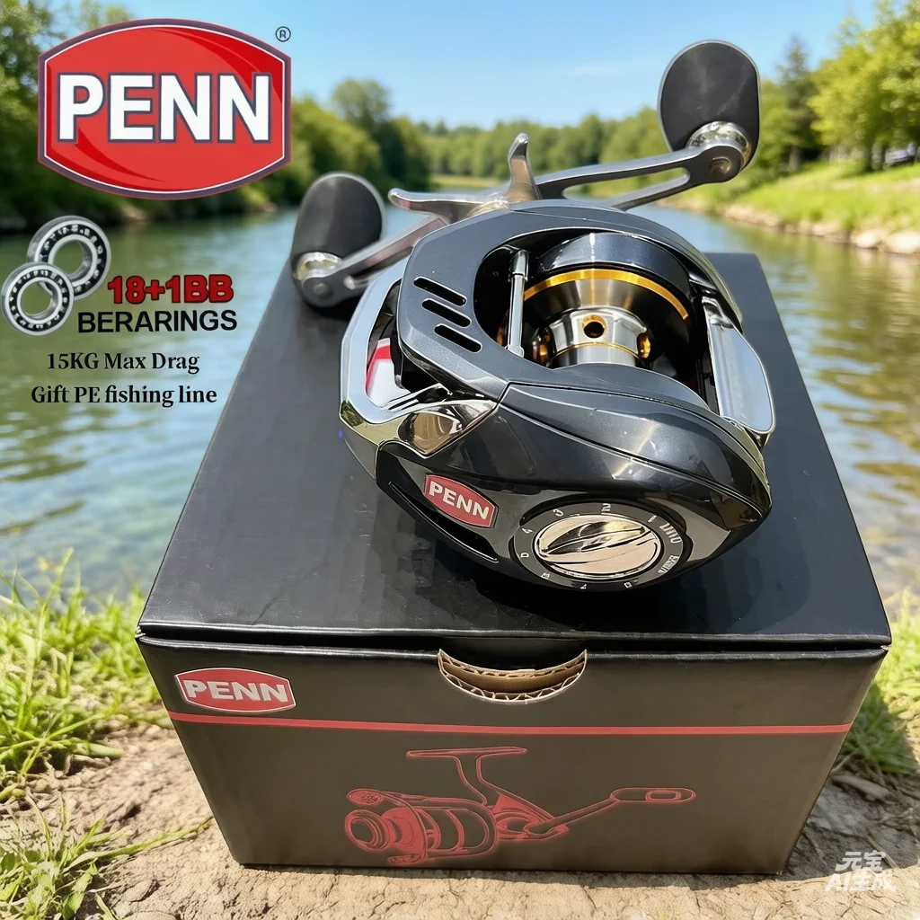 Carretilha PENN Baitcast, com 18+1 rolamentos, engrenagem 7:2:1, força de freio 15kg, rolamento de aço inoxidável, ajustável de 1 a 9.