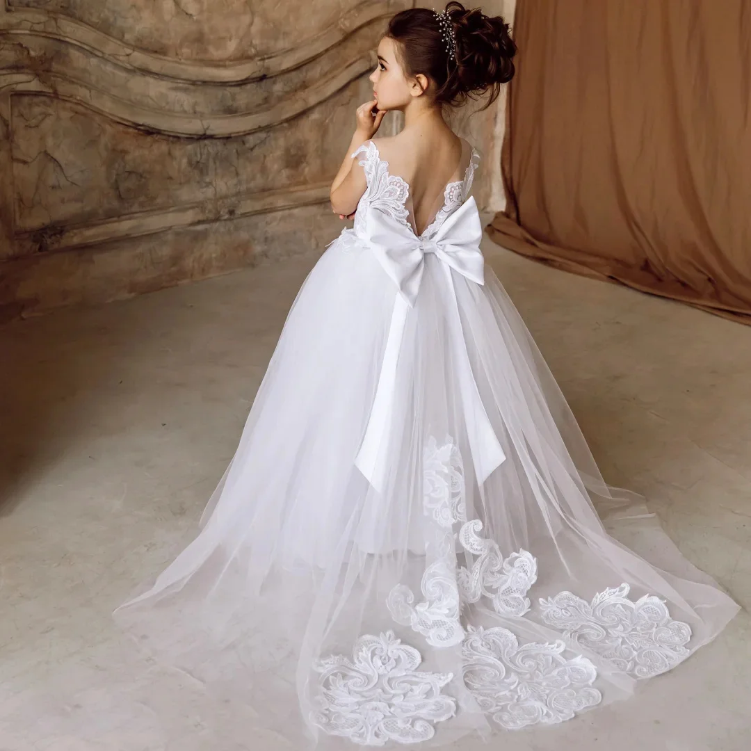 Customized Wedding Birthday White Flower Girl Dress Floral Appliques With Bow Sleeveless For Party Prom Holy Communion Gown