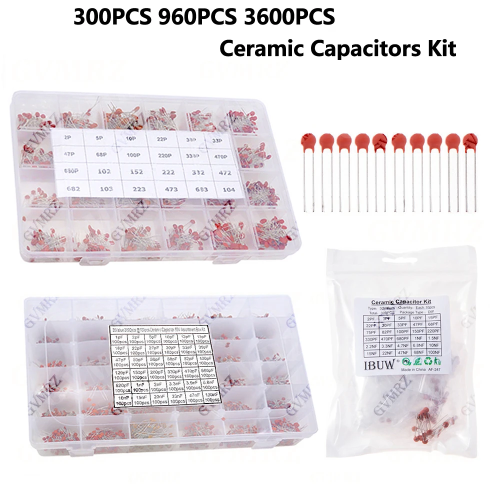 300PCS 960PCS 3600PCS Electronic Components Package Capacitor Assorted Samples DIY Kit Ceramic Capacitors Kit