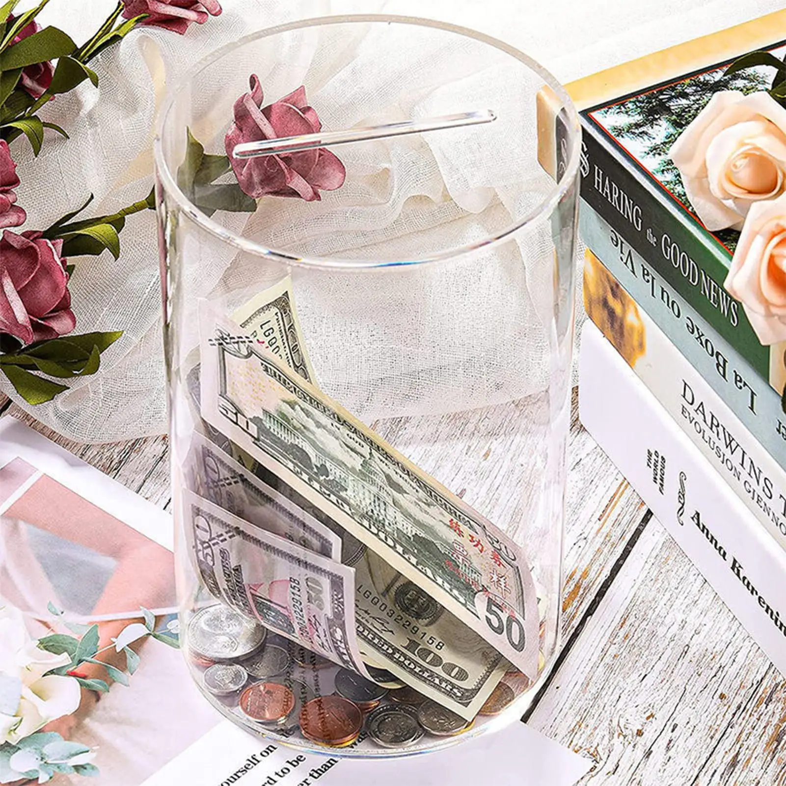 Acrylic Piggy Bank Transparent Money Cash Coin Saving Box Unopenable Cylindrical Piggy Bank For Girls Kids Gift