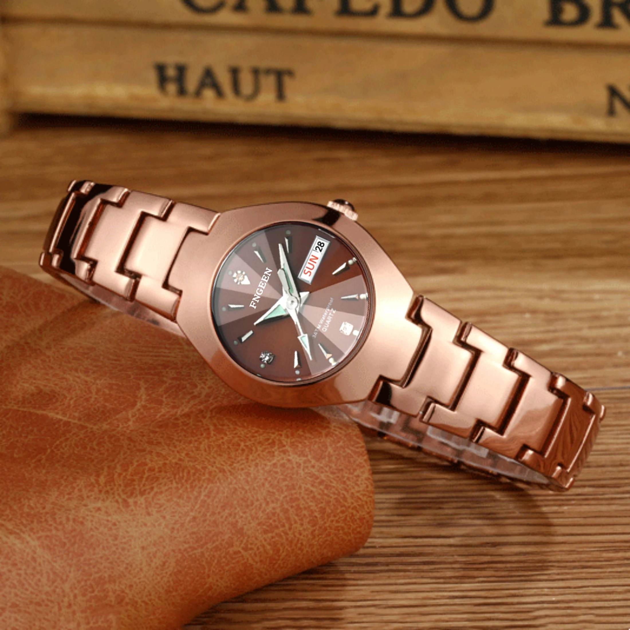 2 Pc/Set Couple Watches Luminous Waterproof Date Calendar Valentine's Day Gift Stainless Steel Rhinestone Quartz Watch Rose Gold