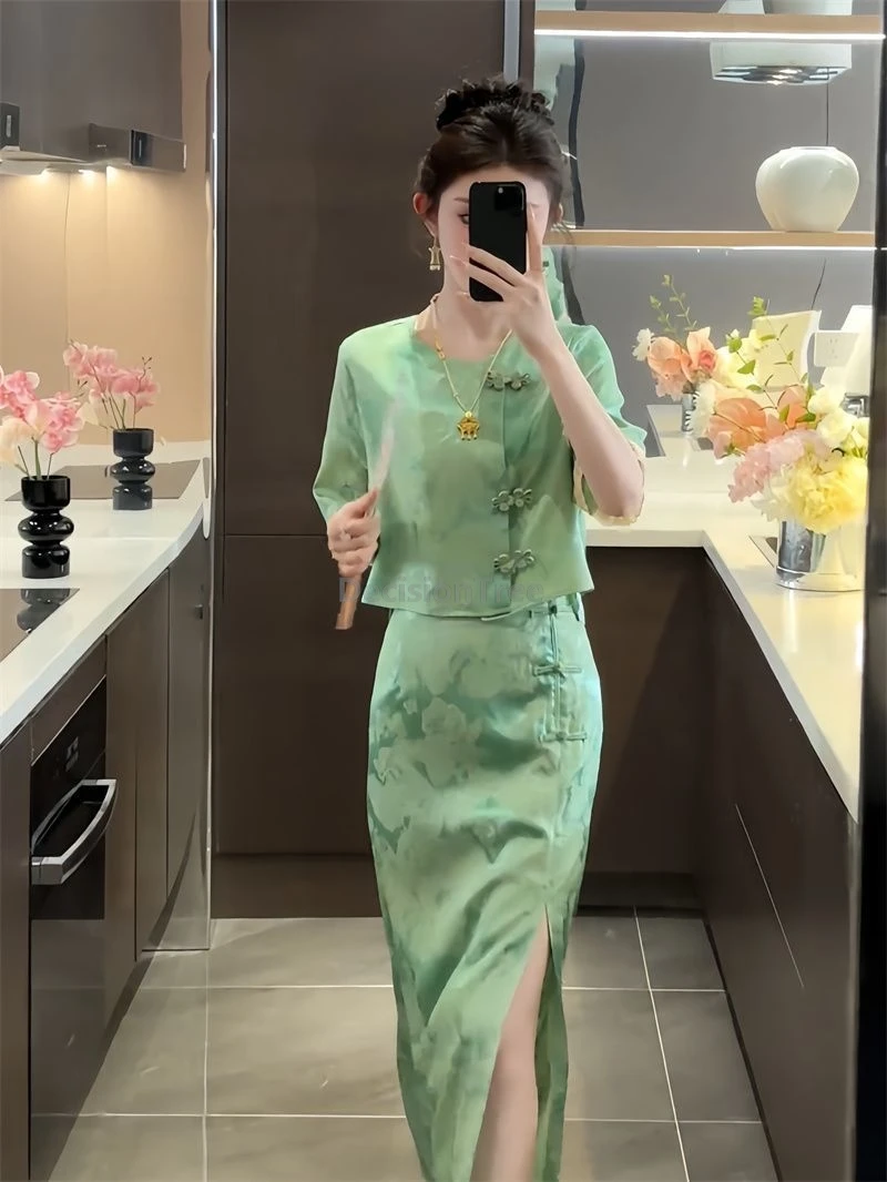 Immagine 6: Completo tailleur due pezzi elegante e vintage da donna, con stampa artistica e letteraria, stile cinese, per l'ufficio, collezione 2026