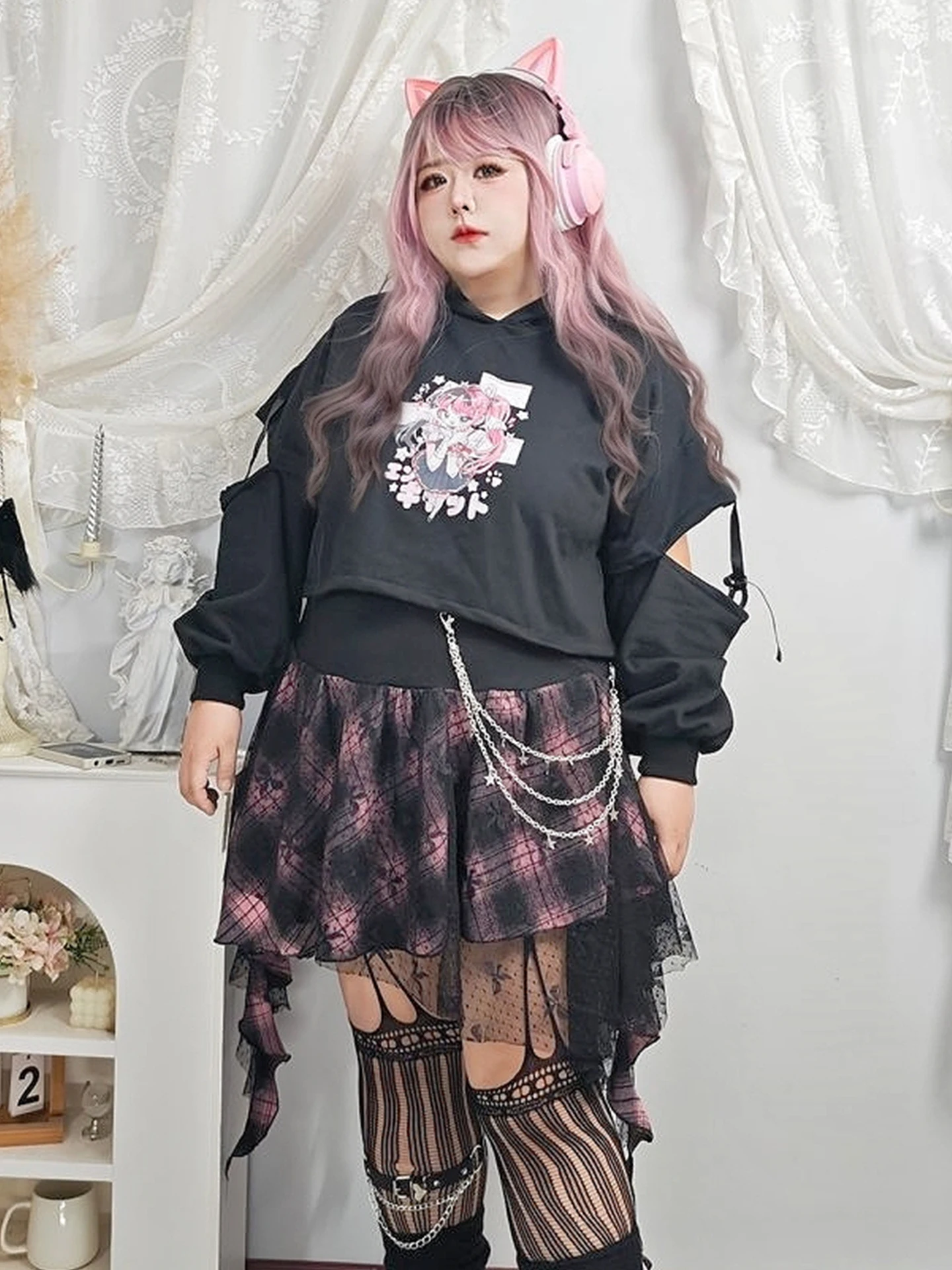 

Оригинальная толстовка большого размера в стиле киберспорта для девушек, с кружевной готической юбкой в стиле стрит-панк, асимметричный дизайн.
