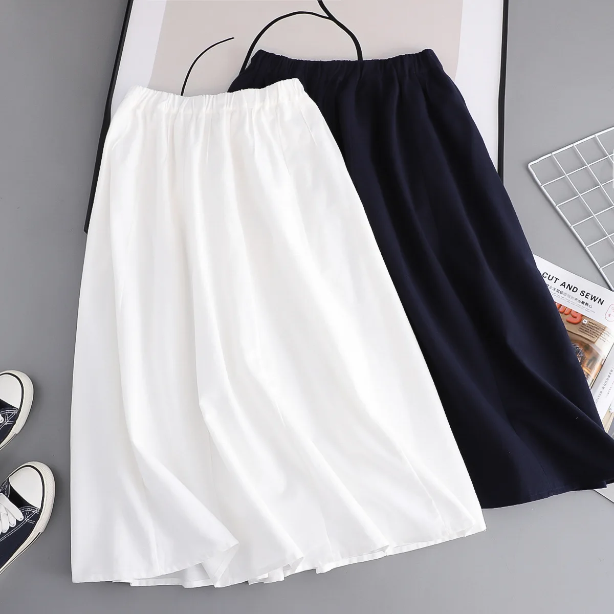 New Spring Cotton A-Line Skirts Women Elastic Waist Solid Color Skirt Girl Sweet Commute Casual Loose Skirt 2024 Summer B45506QM