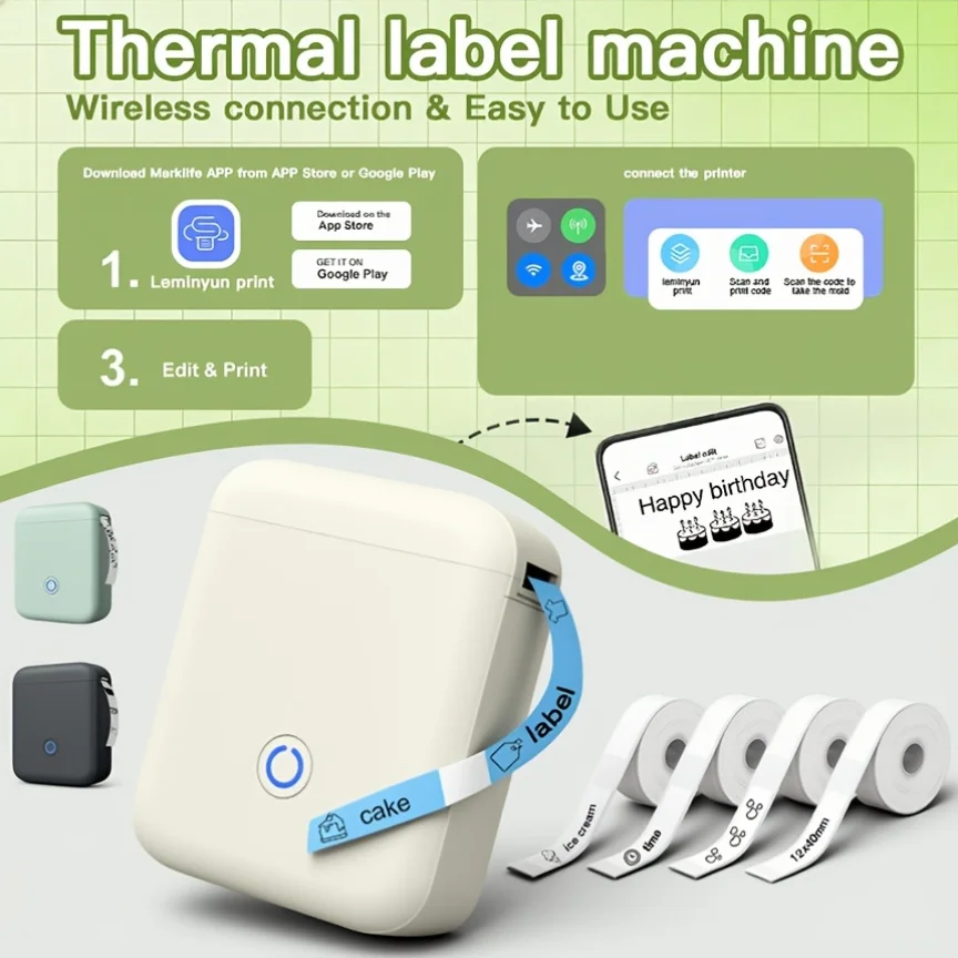 

Wireless portable thermal label printer, comes with 4 rolls (12 mm × 40 mm) of label tape and a smart app; compatible with 15 mm, 14 mm, and 12 mm label tape rolls; suitable for inventory, home, office, kitchen, and barcode labels