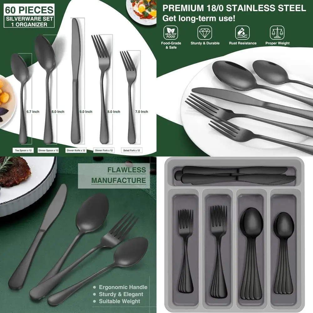 

12-Person Stainless Steel Cutlery Set with Organizer, 60-Piece Silverware for Home & Restaurant, Mirror Finish