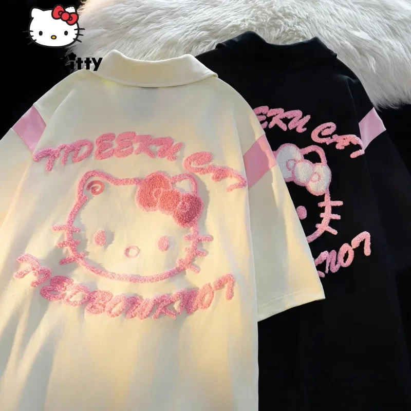 Sanrio Hello Kitty Embroidered Polo Neck T-shirt Yk2 Youthful Woman Clothes 2024 New Summer Short Sleeve Tees Top Trendy Shirt